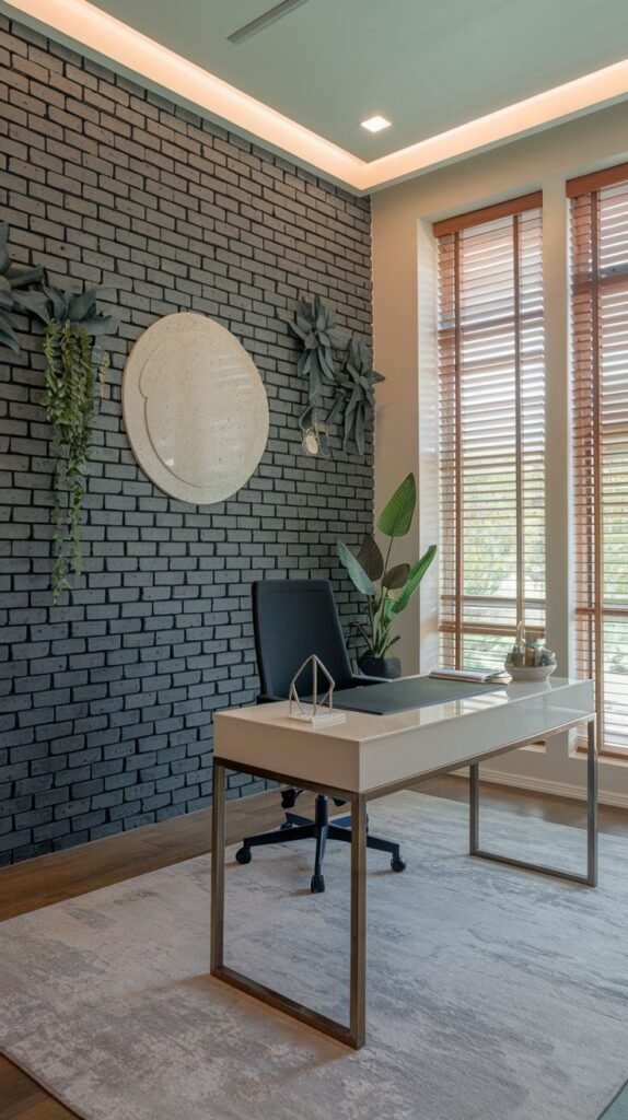 Modern home office with a floor-to-ceiling dark gray painted brick accent wall decorated with a large white circular art piece and hanging plant decor.
