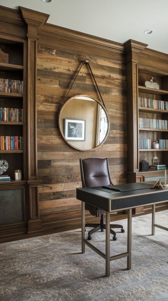 Traditional library office space featuring built-in wooden bookcases flanking a central section of horizontal natural wood planking, over which a round hanging mirror is centered.