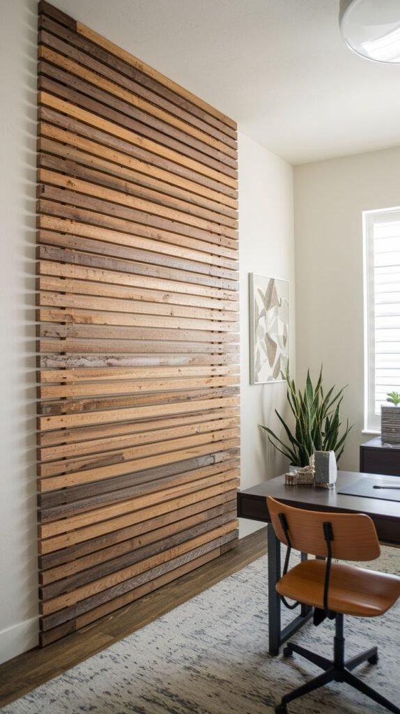 Vertical accent panel composed of narrow, horizontal wood slats displaying various tones of natural wood, contrasting with the surrounding white wall.