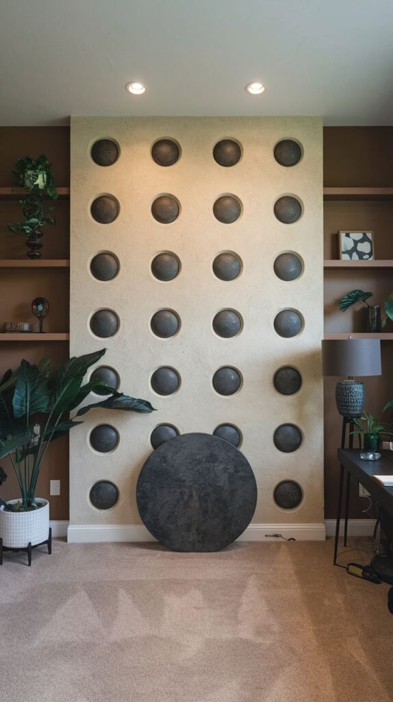 Tan-colored accent wall panel inset with 24 large, evenly spaced circular recesses, each containing a dark, textured metallic center, flanked by brown open shelving units.