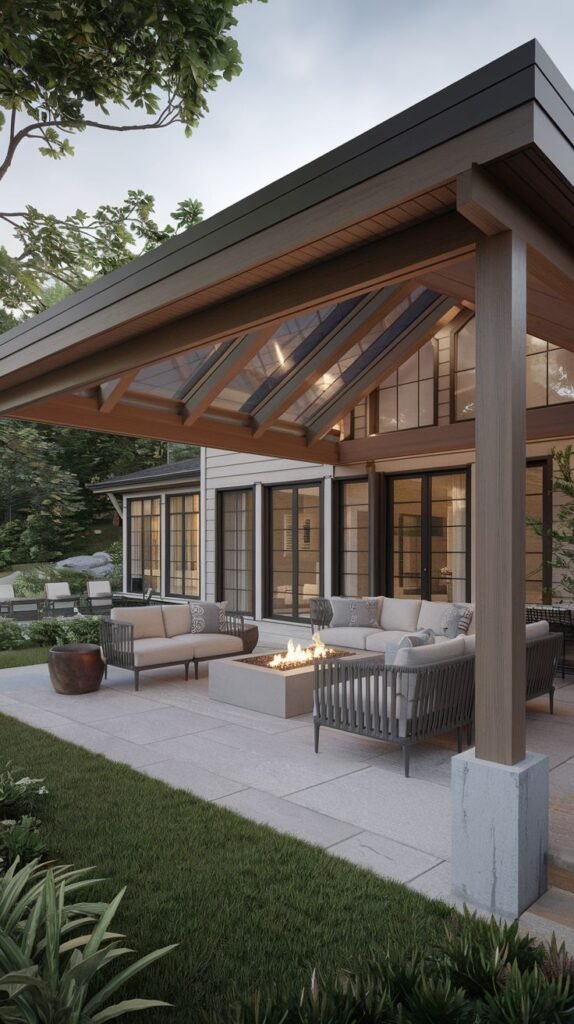 Modern patio cover attached to a white house, featuring dark wood framing and a sloped roof with clear or translucent panels, sheltering neutral outdoor furniture and a central fire pit on a concrete patio.