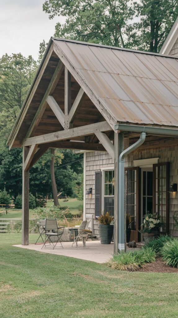 Rustic patio cover with a steep gable roof clad in dark, weathered metal, showcasing heavy timber frame supports and exposed trusses, next to a wood-shingled house.