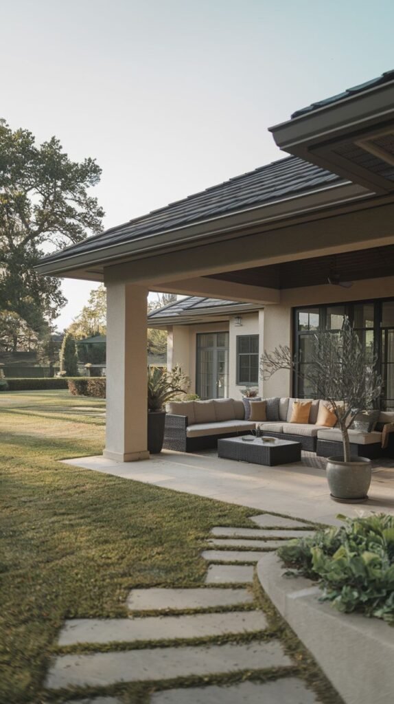 Covered outdoor area featuring a broad, tiled hip roof supported by stucco columns, shading a patio with a large sectional sofa and stepping stones leading across the lawn.