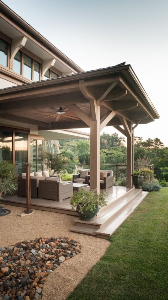 Covered deck space featuring a deep, dark wood structure with large posts and a ceiling fan installed beneath the roof, overlooking a gravel path and garden.