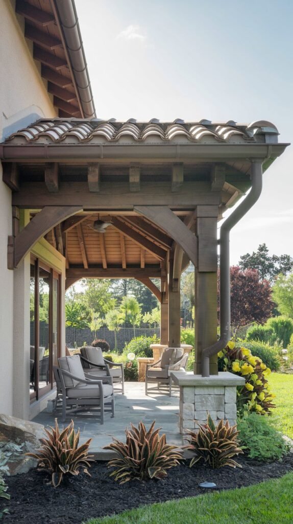 Mediterranean-style covered patio featuring a traditional curved Spanish tile roof, supported by heavy dark wood framing and columns with stone accents.