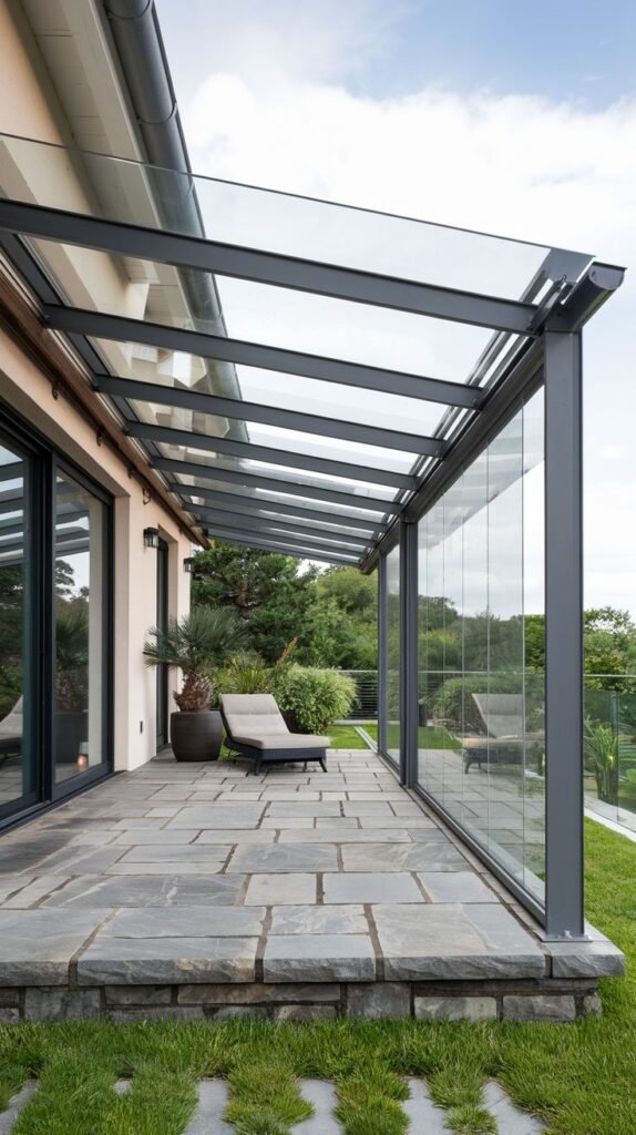 Modern glass and dark metal framed lean-to patio cover attached to the house, protecting a grey stone slab patio.