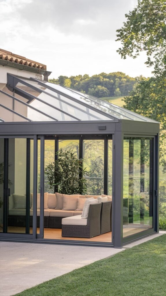 Fully enclosed modern conservatory structure with a pitched glass roof and dark metal framing, creating an indoor-outdoor living room space overlooking a green landscape.