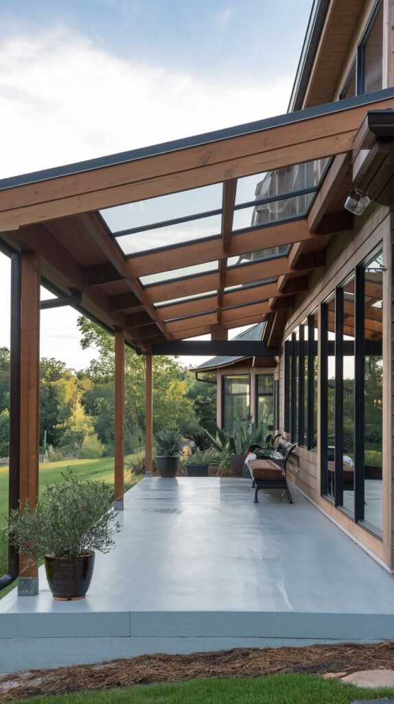 Long covered patio featuring a sloped roof constructed of light brown wood framing with large transparent glass panels, extending over a gray concrete floor.