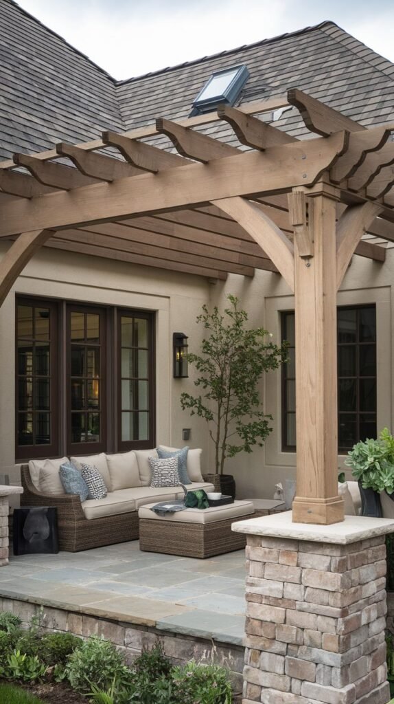 Wooden pergola structure with decorative rafter tails, supported by columns built on stacked stone pillars, covering a stone patio adjacent to a stucco house.