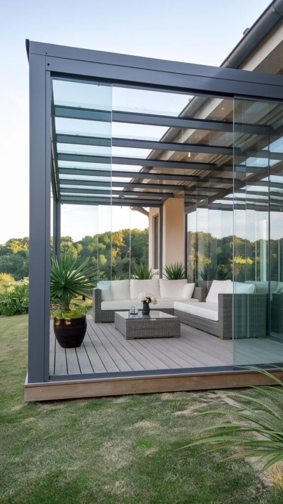 Contemporary outdoor enclosure featuring a glass roof and glass slide walls with minimal dark framing, situated on a raised wooden deck.