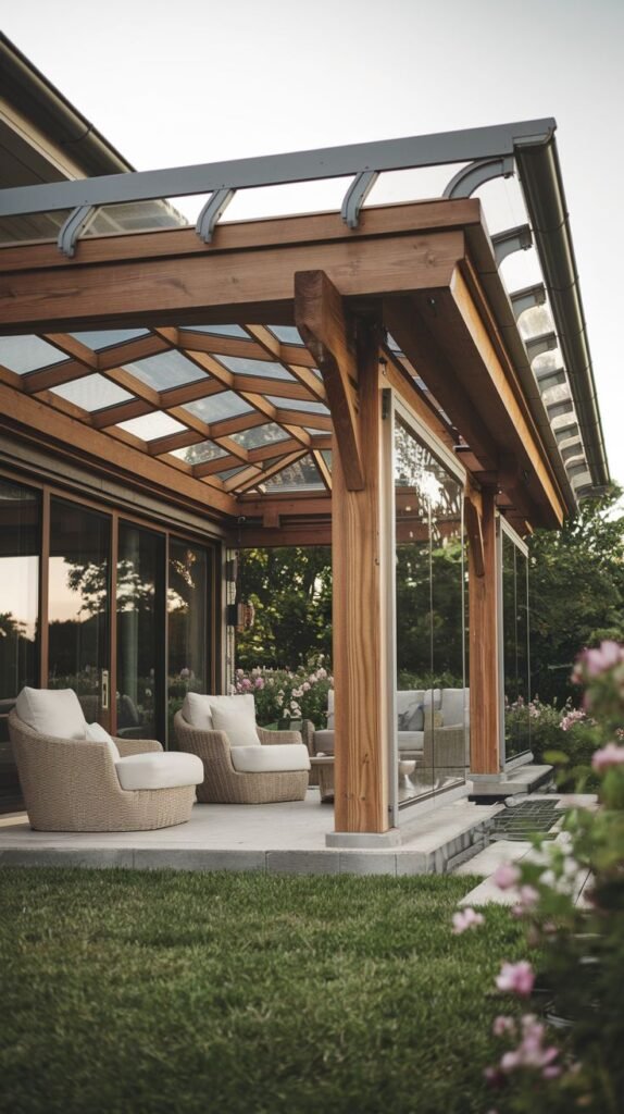 Timber-framed patio structure with a segmented glass roof and curved metal detailing, providing a light-filled outdoor room next to a lush garden.