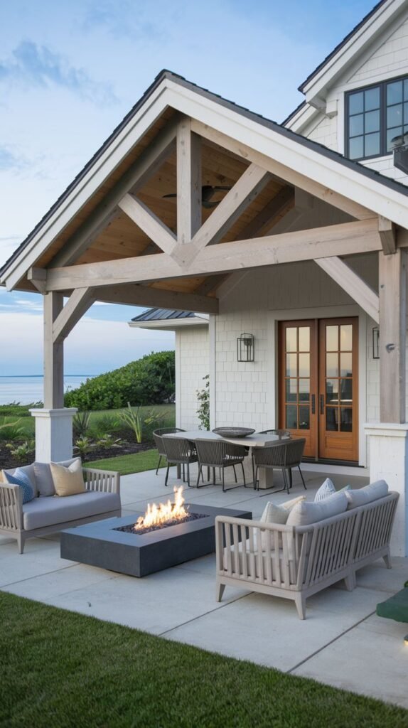 Covered outdoor patio featuring a high gable roof with exposed wooden trusses, light-colored wood supports, and a fire feature on concrete pavement next to a white clapboard house, with an ocean view in the background.