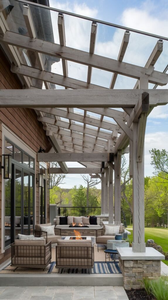 Heavy timber pergola with a distressed wood finish, featuring clear glass panels installed over the top beams for weather protection, covering a patio with a fire pit.