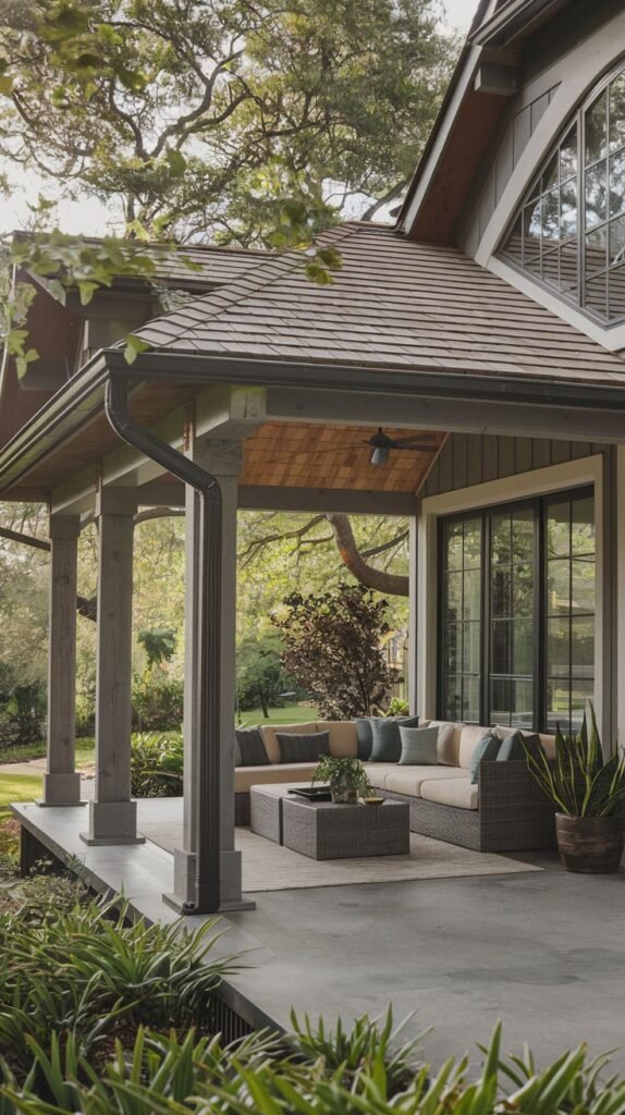 Traditional covered porch featuring a hip roof, a finished wooden ceiling, and tapered columns, shading a concrete patio with a sectional sofa.