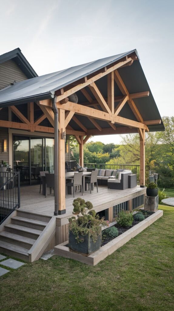 Raised wooden deck featuring a pavilion structure with a high-pitched dark roof and exposed structural light wood trusses, overlooking a landscaped garden.