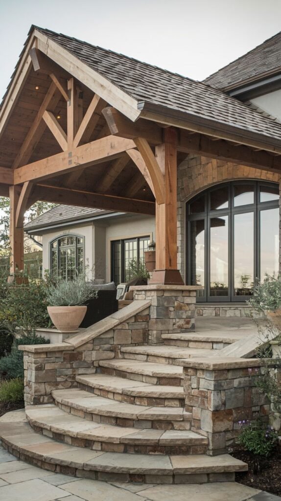 Grand covered entryway with a gable roof supported by heavy wooden timbers and resting on large, curved stacked stone stairs and piers.