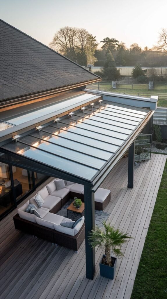 Aerial view of a modern sloped patio cover featuring a glass roof with metal framing, attached beneath the main house roof, covering a wooden deck with outdoor seating.