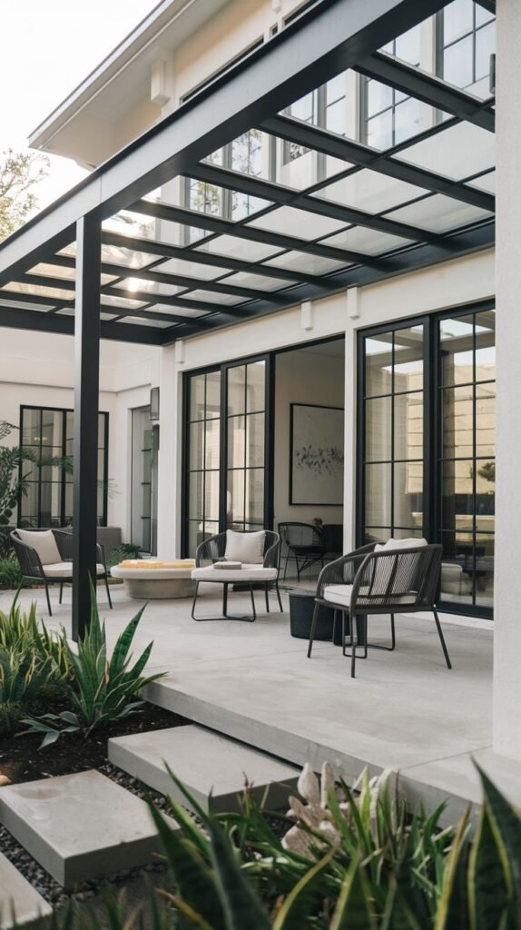 Contemporary black metal framed patio roof with glass panels, forming a square grid pattern, covering a minimalist concrete courtyard patio.