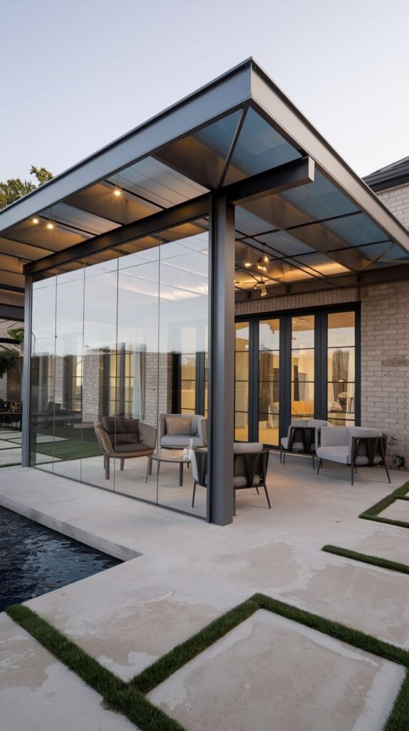 Modern glass-walled and glass-roofed structure with dark metal framing, featuring integrated lighting, situated on a stone patio immediately adjacent to a swimming pool.