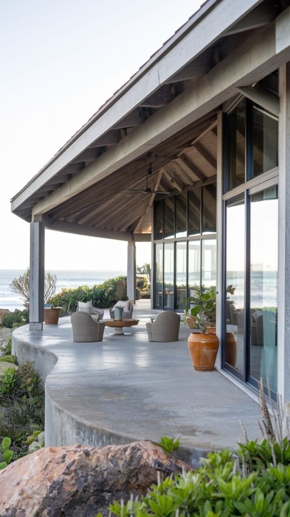 Coastal patio with a long, shallow shed roof featuring exposed wood rafters, covering a curved concrete slab patio with an expansive view of the ocean.