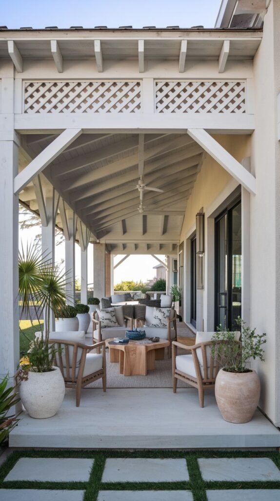 Traditional covered white porch with a finished ceiling, distinguished by decorative diamond-patterned latticework detail incorporated into the front frieze.