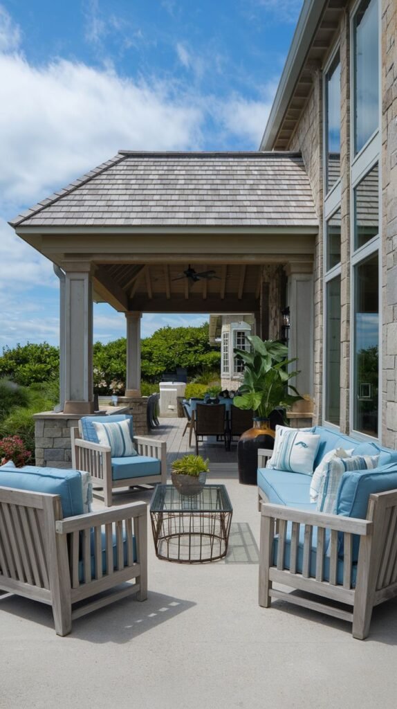 Luxurious covered patio featuring a hip roof covered in wood shakes, supported by large columns with stone bases, attached to a stone-clad house. The patio holds light wood furniture with bright blue cushions.