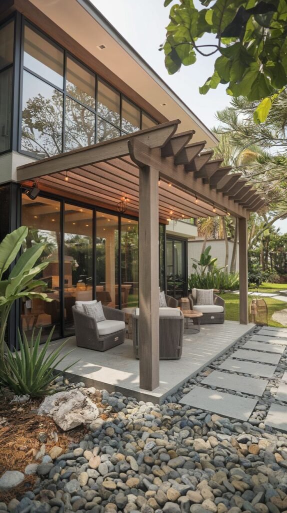 Modern wood pergola with widely spaced dark wooden slats and contemporary framing, attached to a glass-fronted house, covering a patio near a decorative rock garden.