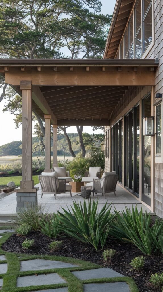 Coastal patio with a shallow shed roof structure built from natural-toned wood, featuring exposed rafters. The covered area is furnished with neutral seating and overlooks a grassy area and marsh.