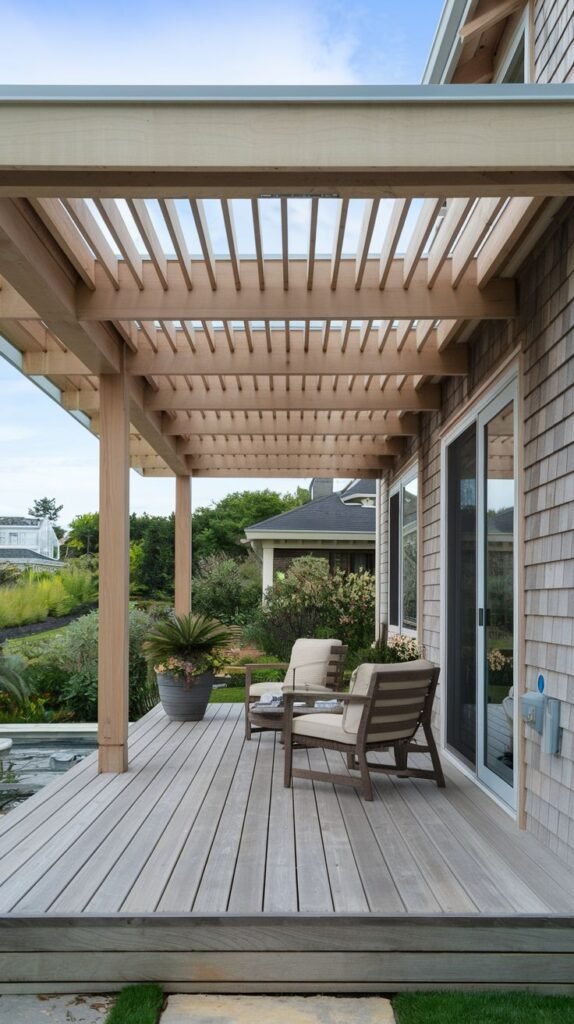 Open wooden pergola structure with light-colored beams and widely spaced slats, providing filtered shade over a wood deck attached to a shingle-sided house.
