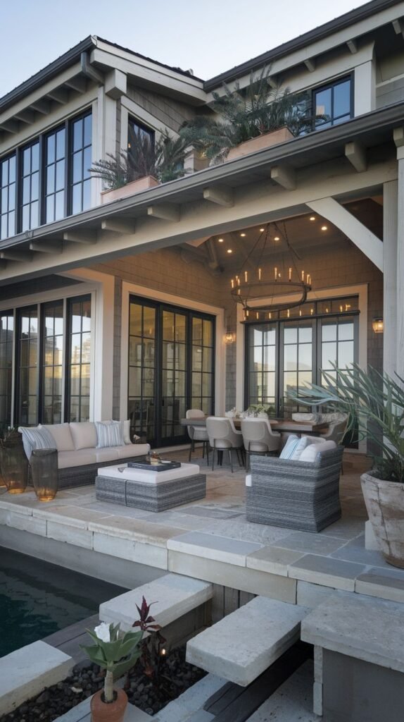 Covered outdoor area recessed beneath the upper level of the house, featuring a finished ceiling with integrated lighting and a chandelier, situated on a stone patio next to a pool.