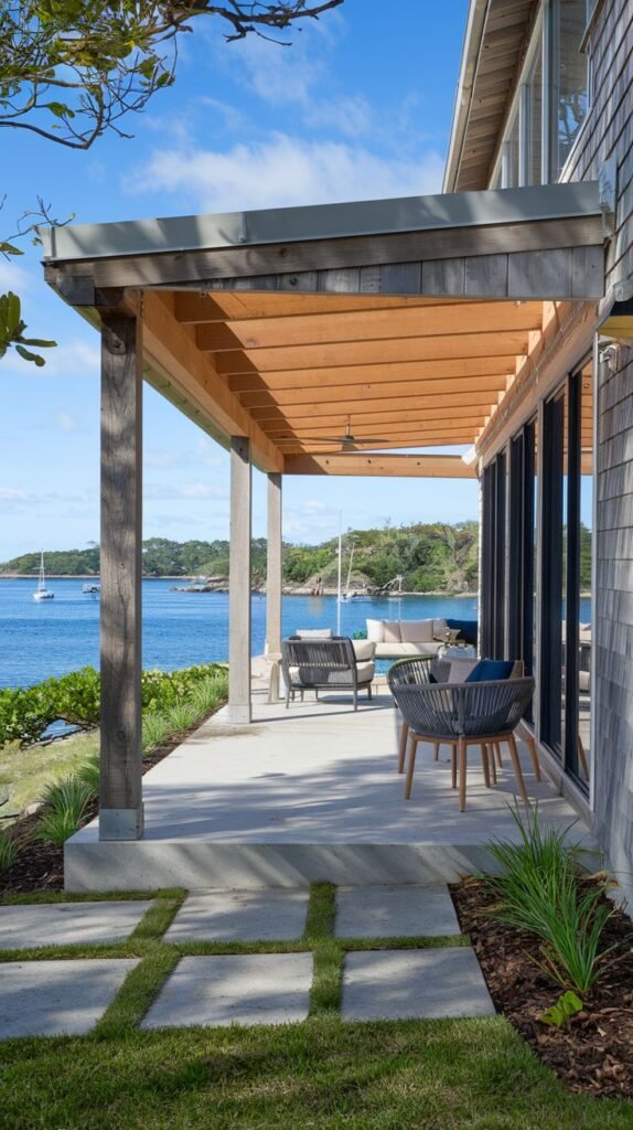 Waterfront patio covered by a simple shed roof with thick wood posts and a light finished wood ceiling, overlooking a bay with boats.