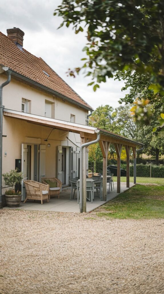 Simple lean-to patio roof attached to a traditional farmhouse with stucco siding, sheltering an outdoor dining area on a paved surface next to a gravel path.