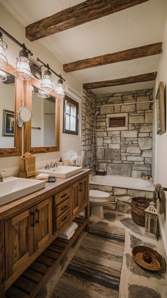 Luxury rustic full bath with a long distressed double vanity, stone slab flooring, exposed dark ceiling beams, and a shower area featuring a full wall of stacked natural fieldstone.