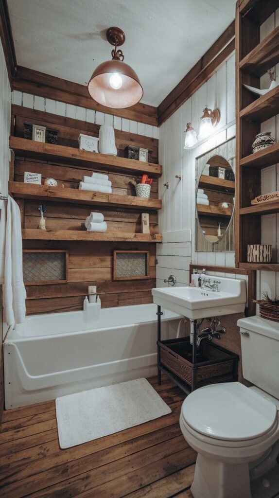 Heavily textured rustic full bath with wide wood plank flooring, white shiplap walls, a built-in horizontal wood plank shelf wall above the tub, and tall open wood shelving next to the sink.