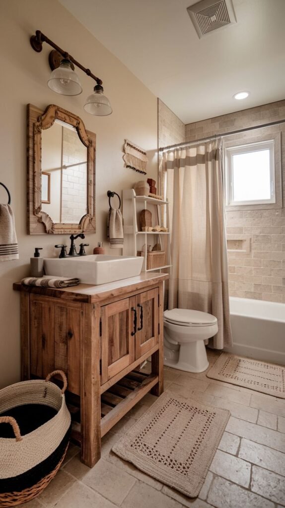 Warm rustic full bath featuring a light wood vanity with louvered doors, a decorative rustic wood mirror, beige stacked stone-look tub surround tiles, and light-toned floor tiles.