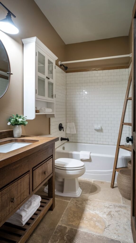Rustic bath combining a dark wood vanity and rough flagstone flooring with a bright white subway tile tub surround and a white glass-front medicine cabinet, accented by a tall wooden ladder.