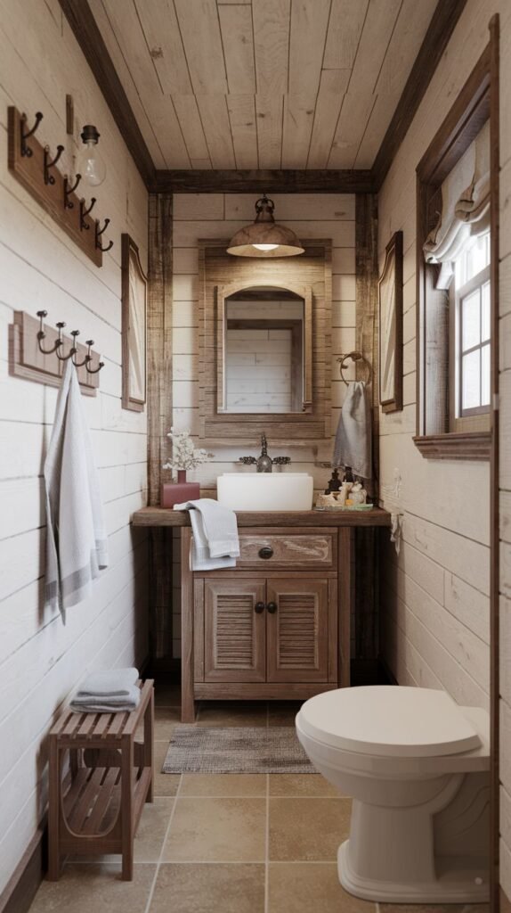 Compact rustic powder room with white horizontal wood plank walls, a medium-toned louvered wood vanity, a white vessel sink, and multiple rustic wooden hook racks.