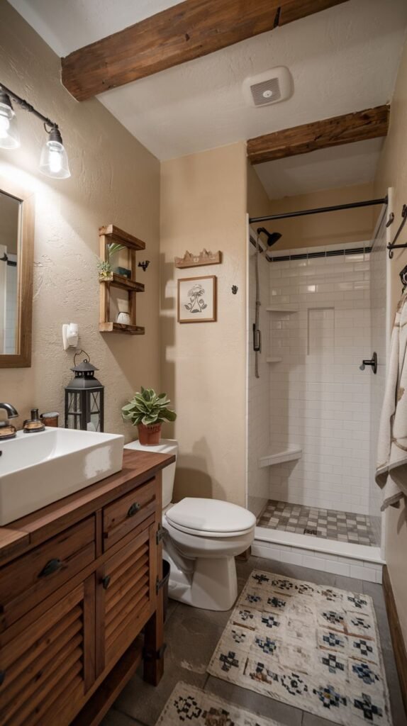 Modern rustic full bath featuring a dark louvered wood vanity, dark exposed ceiling beams, a white shower stall with subway tiles and a small black and white checkered floor.