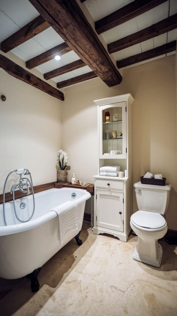 Vintage luxury rustic bath with a white clawfoot tub, heavy dark exposed ceiling beams, a white traditional cabinet hutch, and light-toned marble-look floor tiles.