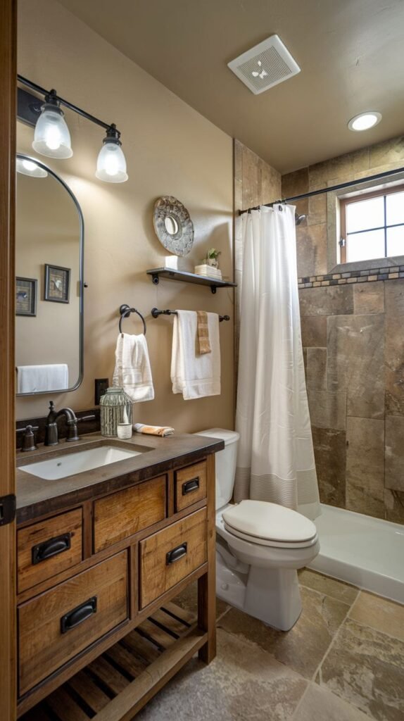 Deep-toned rustic full bath with a dark wood plank vanity, dark stone-look tub/shower walls, earth-toned paint, and large irregular stone floor tiles.