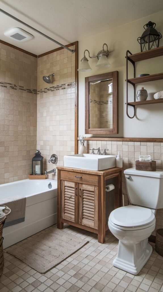 Rustic full bath with a louvered wood vanity, white vessel sink, small square neutral tiles on the floor and tub surround, and an industrial metal shelving unit over the toilet.