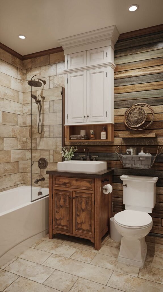 Small rustic bathroom with reclaimed wood accent wall, stone tile shower, solid wood vanity, vessel sink, bronze fixtures, and tall white built-in storage cabinet.