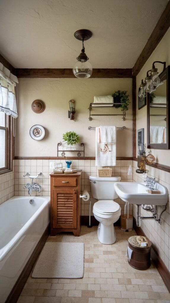 Small rustic full bath with a white tub, pedestal sink, and a louvered wooden storage cabinet. Walls feature small square tile wainscoting and metal shelving above the toilet.