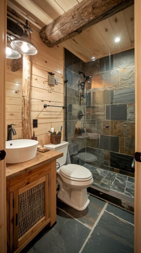 Rustic cabin bathroom with pine plank walls, a rough log post, dark slate floor tiles, and a shower enclosure tiled with multi-toned, large slate squares.