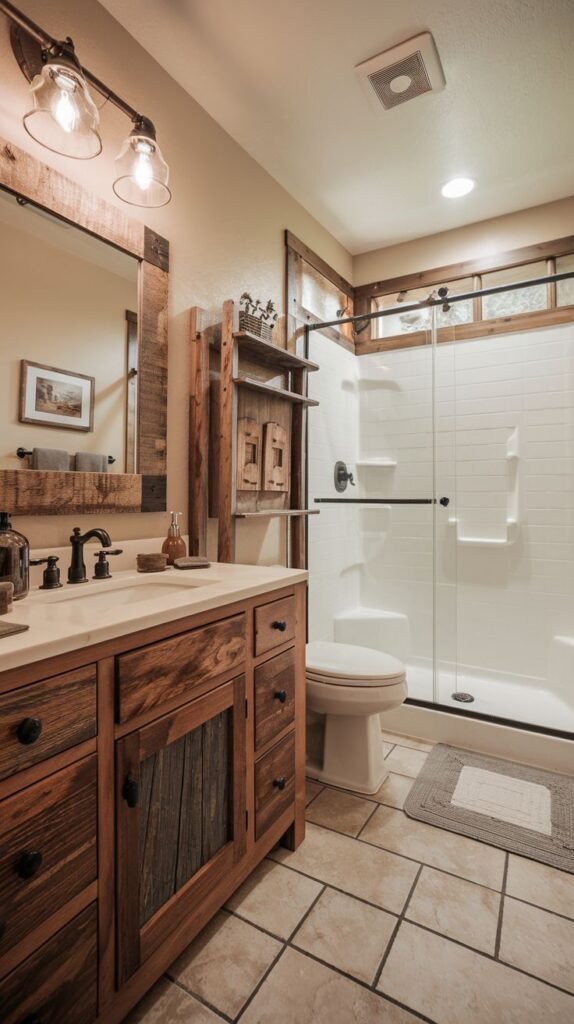 Small rustic bathroom featuring a dark reclaimed wood vanity, light square floor tiles, a custom wood storage tower, and a white shower insert with a glass door and wood-framed transom window.
