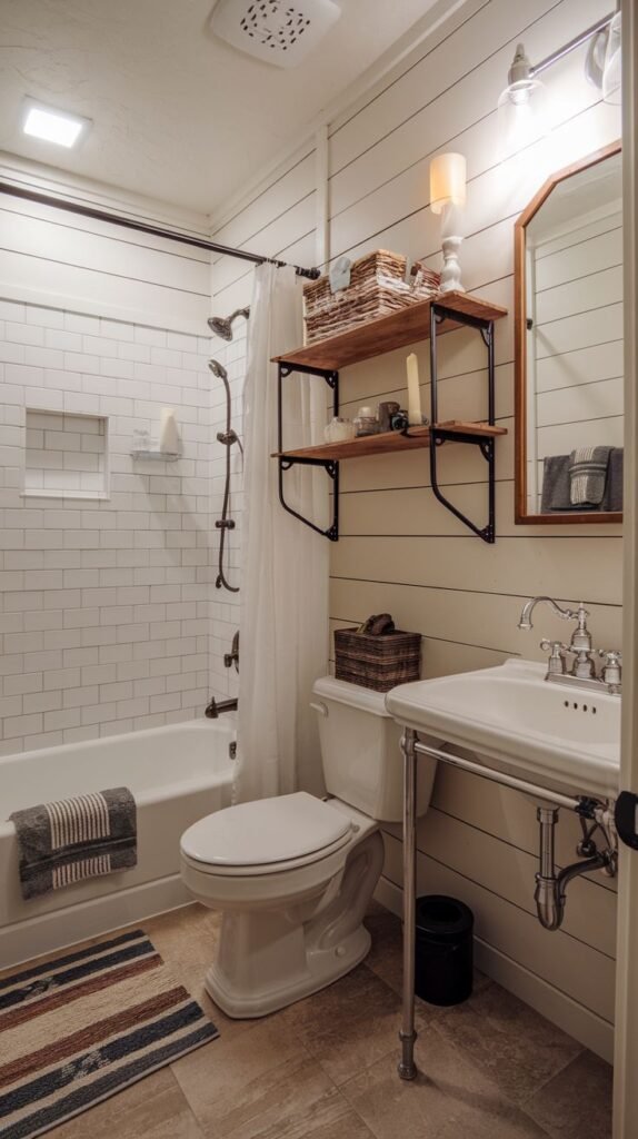 Farmhouse rustic full bath with white shiplap walls, white subway tile tub surround, a white pedestal sink, and industrial black metal shelving with wooden planks above the toilet.
