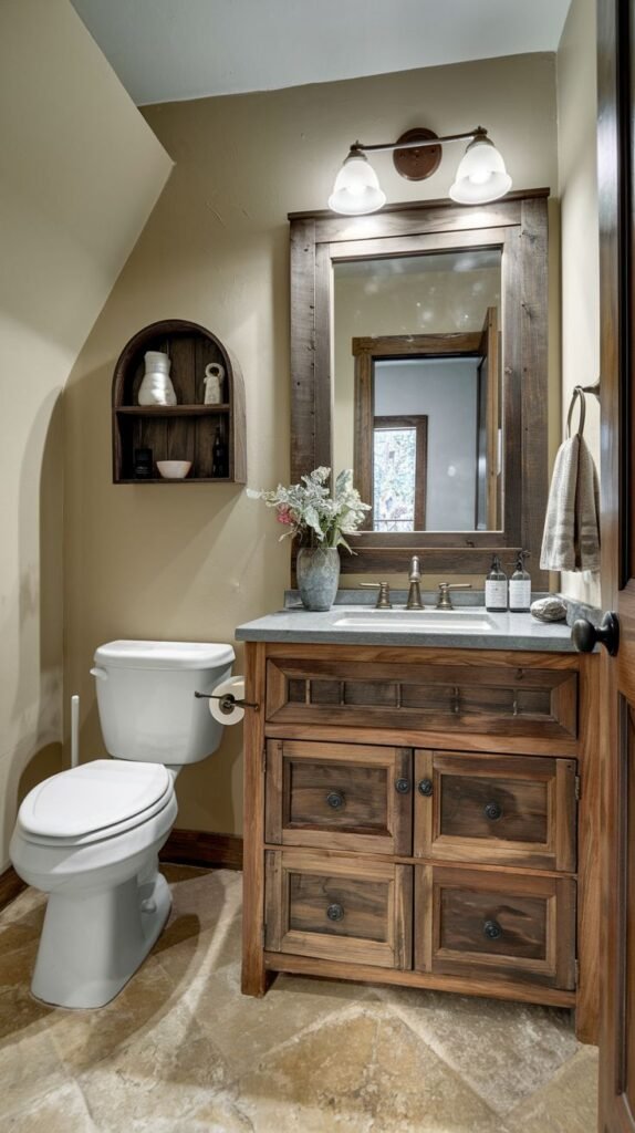 Cozy rustic powder room featuring a dark wooden vanity, rough flagstone flooring, a rustic wood-framed mirror, and an arched built-in wooden shelf next to the toilet.