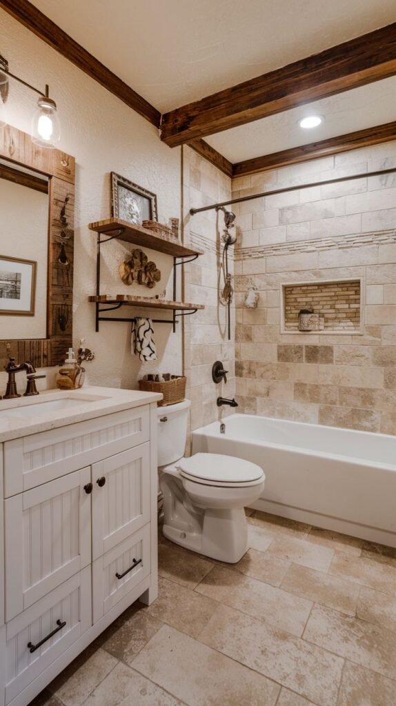 Rustic bathroom with dark exposed ceiling beams, a white beadboard vanity, and a tub/shower area tiled with large light beige stone-look rectangular tiles including a tiled niche.