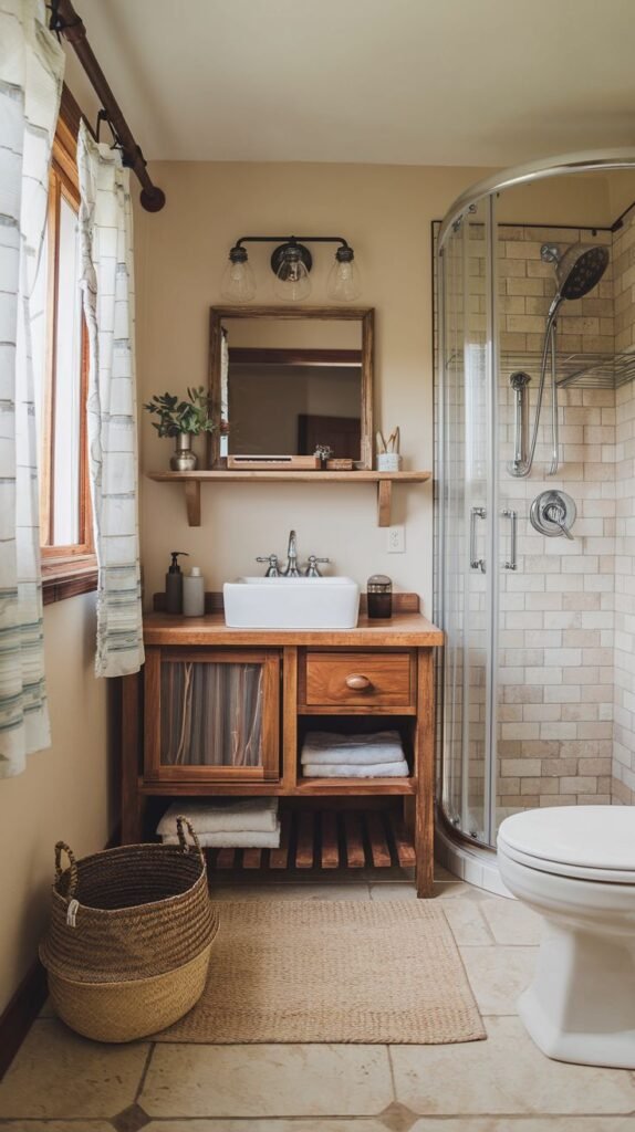 Rustic bathroom featuring a custom wooden vanity with louvered storage, a white vessel sink, neutral floor tiles, and a curved glass corner shower enclosure tiled with light subway tiles.