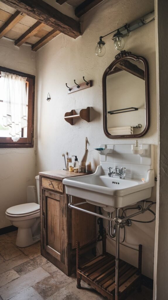 Antique rustic bathroom featuring rough plaster walls, exposed wooden ceiling beams, a vintage wall-mounted sink with metal legs, and a small dark wood storage cabinet.